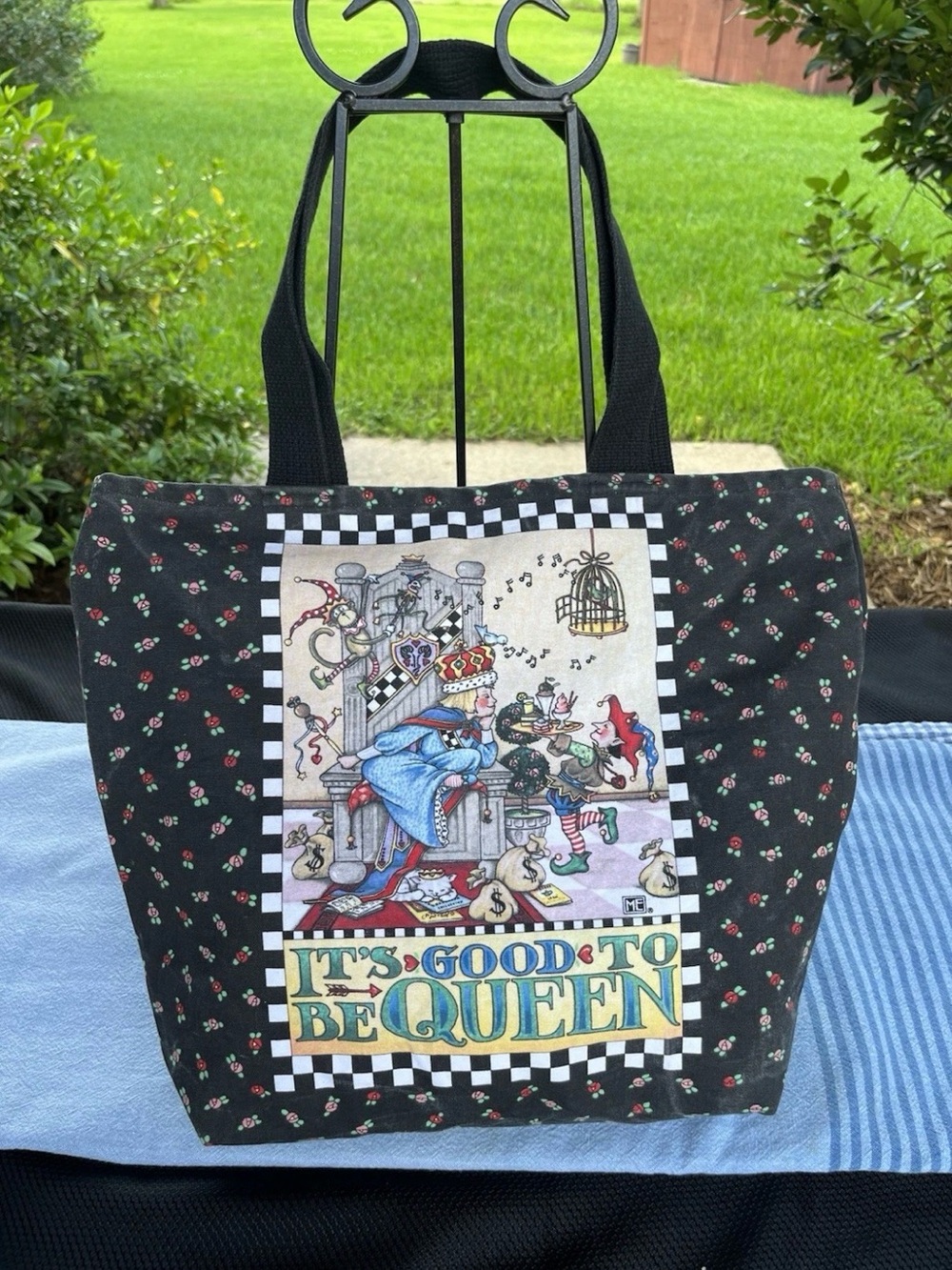 MARY ENGELBREIT  “It's Good to Be Queen” Black Floral Tote Bag